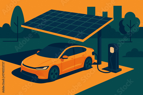Isometric flat design electric sedan charging under solar canopy in urban park   