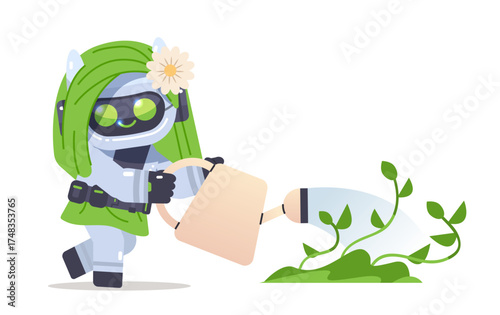 Cute female robot with green hair concerned about environment. Cyborg watering young shoots on isolated background