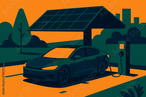 Isometric flat design electric sedan charging under solar canopy in urban park   