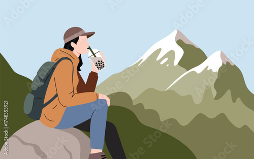Woman hiking in mountains drinking boba tea enjoying nature adventure vacation