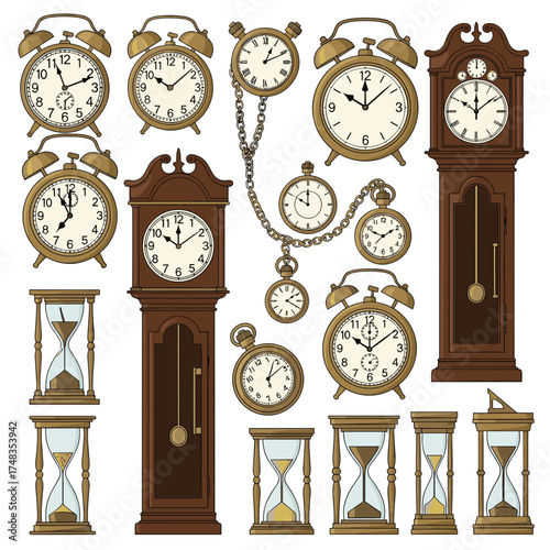 Collection of antique clocks and hourglasses from different eras.