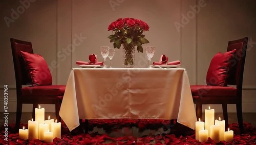 Intimate Surprise Dinner Setting Surrounded By Glowing Candles Red Rose Petals And Fantasy Haze
