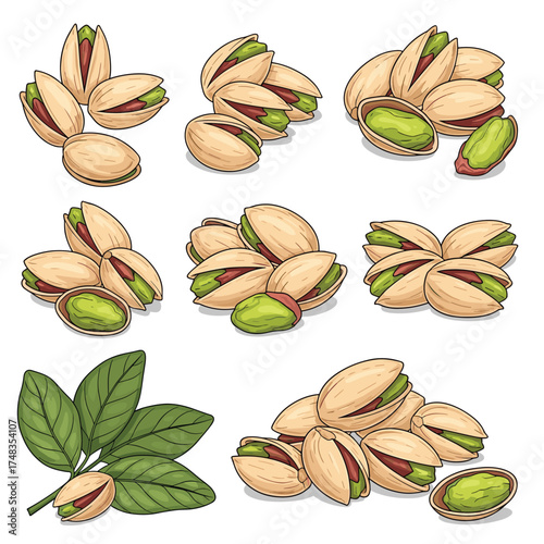 A collection of freshly shelled and unshelled pistachios with leaves on a white background.