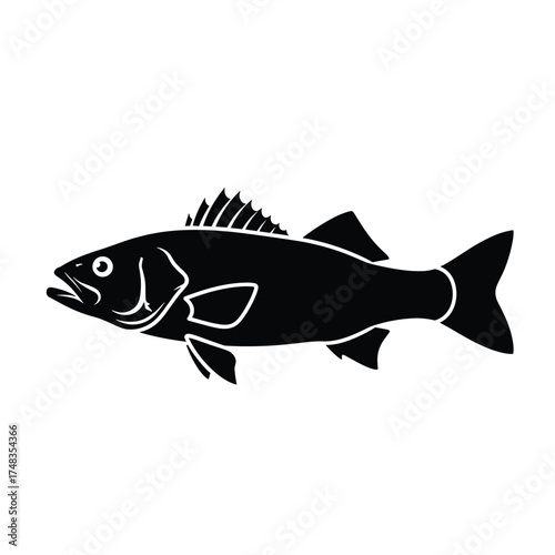A silhouetted image of a black fish with open mouth and fins. .