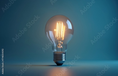 Glowing light bulb radiates warm light on blue backdrop. Clear glass bulb illuminates surface. Idea, creativity and innovation concept. Modern electric light symbolizes energy, power and invention.