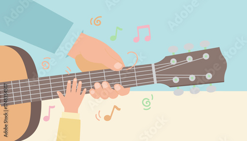 Adult teaching child to play guitar fostering musical learning and creativity