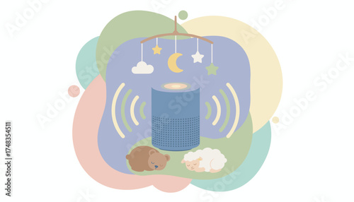 Smart speaker plays soothing sounds for sleeping bear and sheep under a baby mobile Nursery tech concept