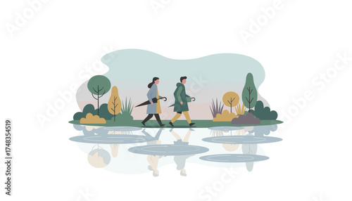 Couple walks through puddles in park carrying umbrellas Rainy day lifestyle