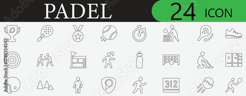 Trending padel tennis sport icon set with racket, player, court, championship, vector, minimal design for fitness, club, game, and competition