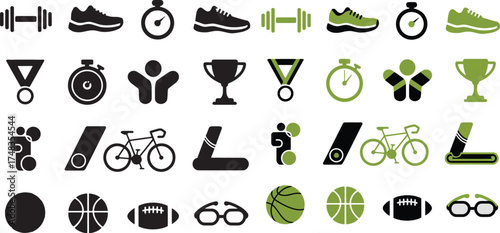 Athletic equipment and sports icons in black and green fitness
