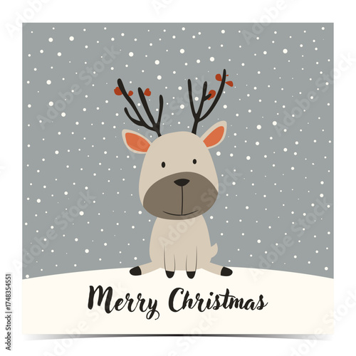 Merry Christmas - cute greeting card, postcard, invitation with an adorable reindeer on a snowy blue background with snowflakes, vector illustration