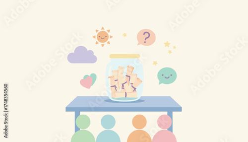 People collecting wishes and ideas in a jar symbolizing teamwork shared goals and bright future