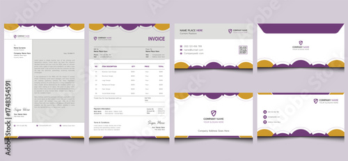 Editable clean minimal elegant creative modern company business card letterhead invoice envelope corporate brand branding identity stationery template design purple orange gray colors.