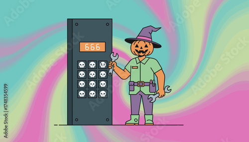 Spooky pumpkin character repairs a mysterious panel displaying 666 and skulls
