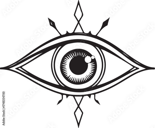 Third Eye Esoteric Hand-drawn Sketch Drawing Vector Illustration, Line Linear Symbol Engraving Coloring Book, Black and White Isolated