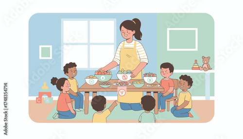 Caregiver teaching diverse children about healthy food choices and nutrition in a bright classroom