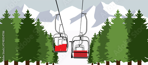 ski lift with two chairs and trees in the background