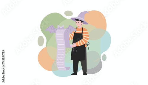 Person in witch hat holds a happy bat scroll Halloween checklist or seasonal concept