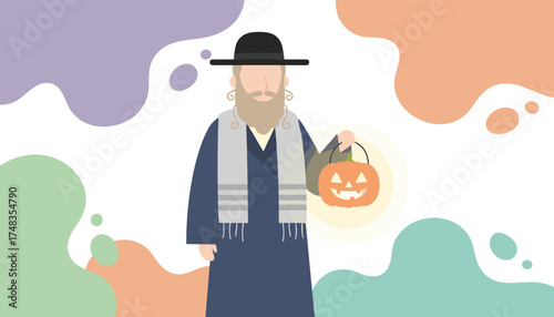 Orthodox Jewish man holding a festive jackolantern for Halloween celebration