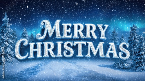 merry christmas greetings in winter landscape with beautiful polar lights in sky