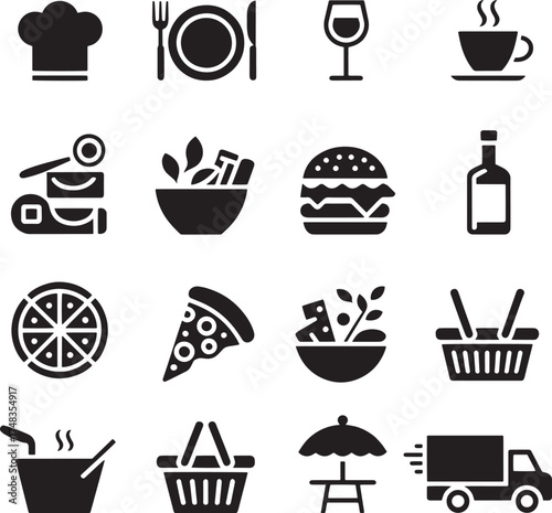 Chef hat plate wine glass hot coffee bottle salad burger pizza slice outdoor dining delivery truck fork