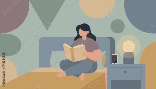 Woman reading a book on bed at night Peaceful evening routine for relaxation and lifestyle