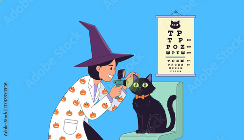 Halloweenthemed vet examines a black cats glowing eyes in a fun whimsical clinic setting