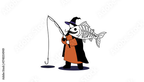 Cartoon wizard in witch hat fishing pulls out a spooky skeleton fish Halloween magic illustration