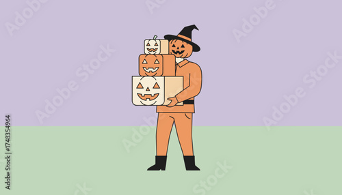 Pumpkinheaded character in witch hat carries stacked carved pumpkins for Halloween festivities
