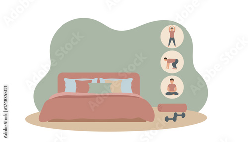 Morning wellness routine at home with stretching exercise and meditation near a cozy bed