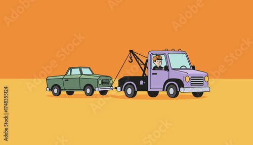 Friendly tow truck driver in pumpkin hat tows a green car perfect for autumn roadside assistance