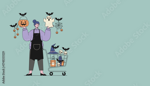 Shopper prepares for Halloween with spooky decorations Holding pumpkin and ghost a cart of festive items