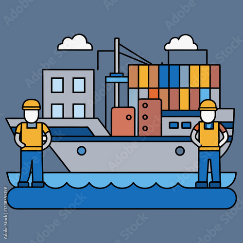 Two Dockworkers Standing on a Platform Near a Freight Ship