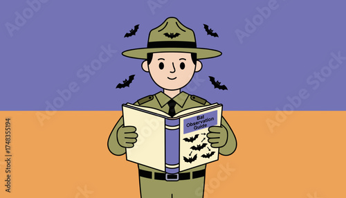 A smiling park ranger reads a bat observation guide surrounded by flying bats Education and nature concept