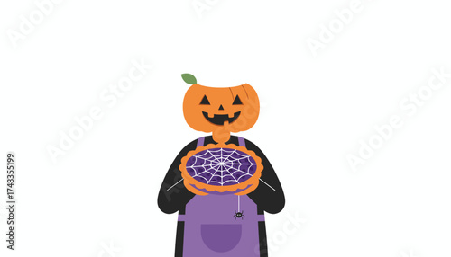 Smiling pumpkin chef in apron holds a festive spiderweb pie for Halloween celebration
