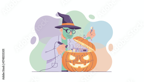 Mad scientist building a hightech Halloween pumpkin with circuit boards and glowing features
