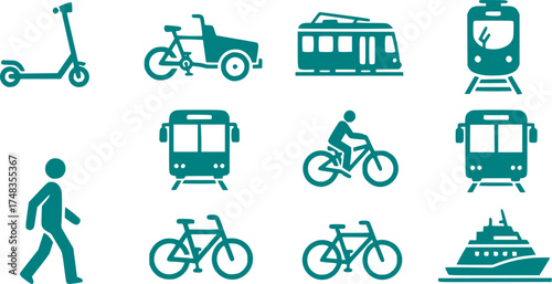 Eco-Friendly Sustainable Transportation Silhouette Icon Set Vector	