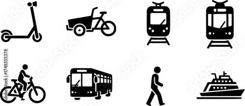 Eco-Friendly Sustainable Transportation Silhouette Icon Set Vector	