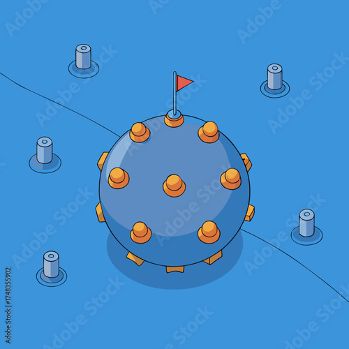 A floating naval mine with a warning flag on the water