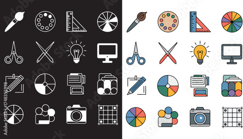 Colorful artistic and office supplies icons tools