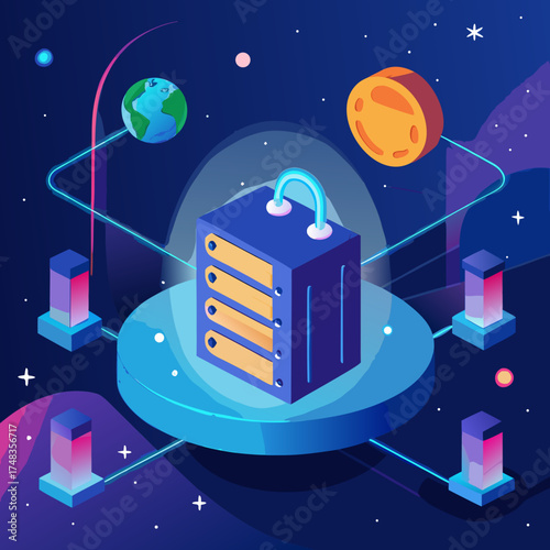 An abstract data vault with glowing access and secure servers