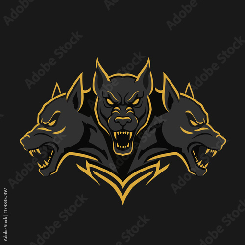 Fierce Three-Headed Cerberus Dog Vector Illustration with Golden Accents in Dark Esport Style