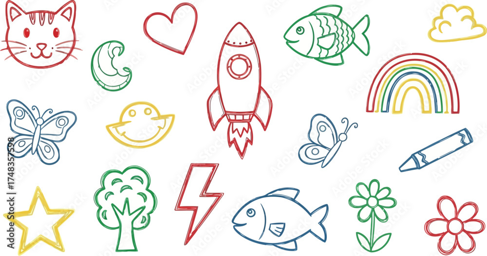 Fototapeta premium Vector art of variety of simple handdrawn icons including animals and shapes