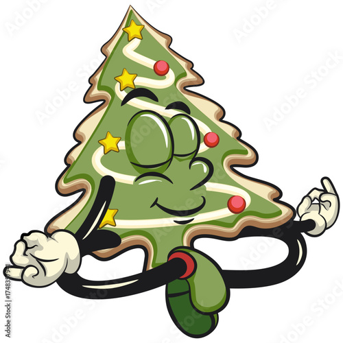 cute christmas tree cookie mascot cartoon character meditating, vector illustration isolated, work of hand drawn