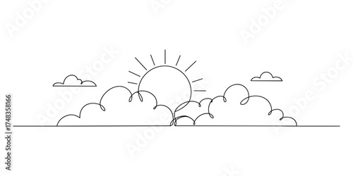 Sunrise over rolling hills with peaceful mood in minimalist line art style for nature, serenity, and morning inspiration