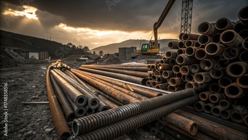 Rusty metal pipes and rebar at a construction site at sunset
