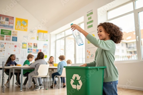 Smiling girl putting plastic bottle into recycling bin in school