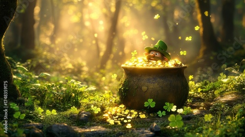 Leprechaun submerged in gold within a forest pot