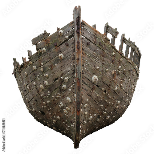 Cuadro en lienzo Weathered hull of an old wooden shipwreck with barnacles