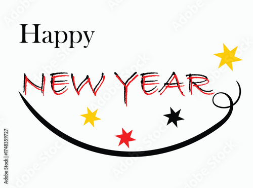 Happy New Year 2026 text design with colorful stars and curved decorative line. Modern festive vector typography for celebration cards, posters, and digital greetings.